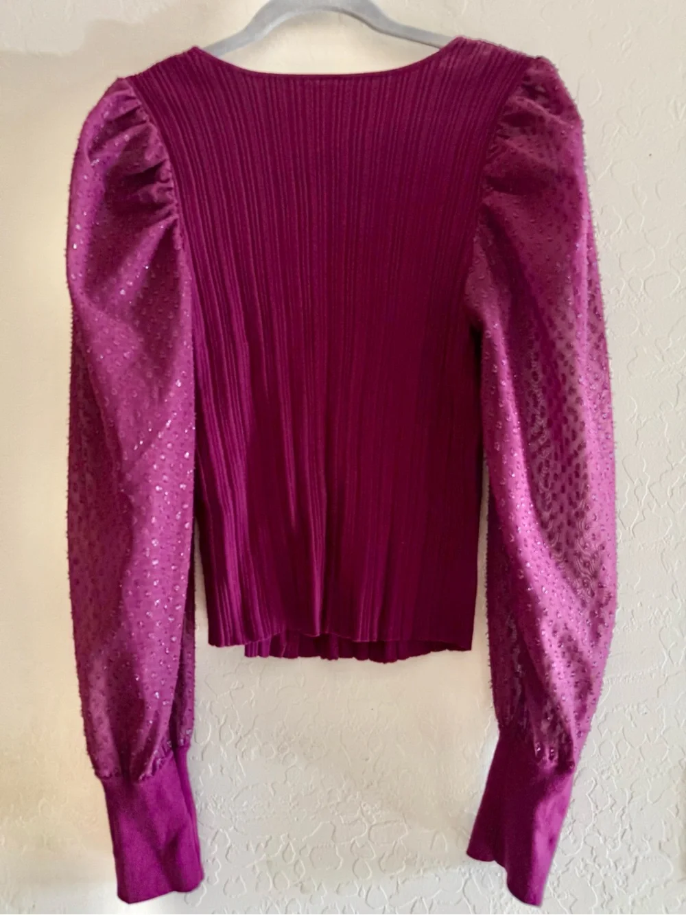 Anthropologie, medium, plum shimmer sweater top features a ribbed body